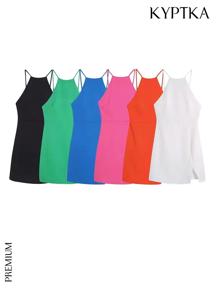 

KYPTKA Women Fashion Front Slit Fitted Party Mini Dress Vintage Backless Side Zipper Thin Straps Female Dresses Vestidos Mujer