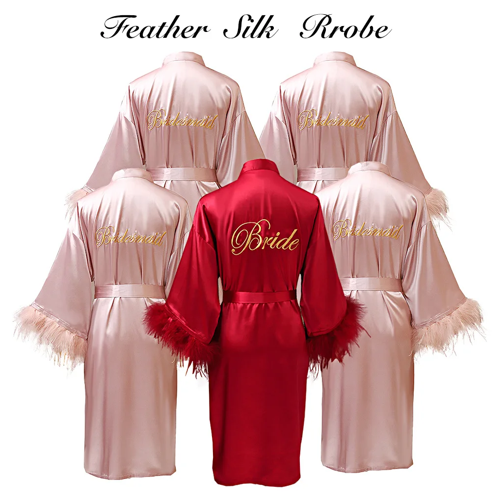 Wedding Party Gift Bridesmaid Robe Gift Women Feather Silk Robe Sleepwear Pink Color Long Pajamas Robe For Bridesmaid