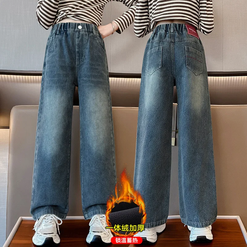 

Girls Warm Jeans for Kids Fleece 2024 Winter Thicken Clothing Denim Trousers Children Plus Velvet Pants 6 To 14 Year for Teen