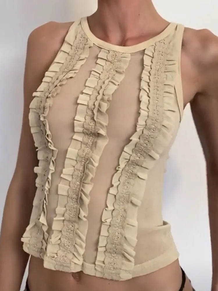 

90S Vintage Tank Top Women Y2K Crop Top Frill Casual O-neck Sexy Vest In Khaki Summer 2022 Indie Aesthetic Fairycore Grunge Tee