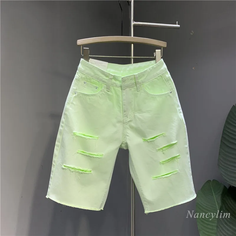 

Summer 2022 New Fluorescent Green Non-Elastic Denim Pants for Women Knee-Length Ripped Burr Straight-Leg Jeans