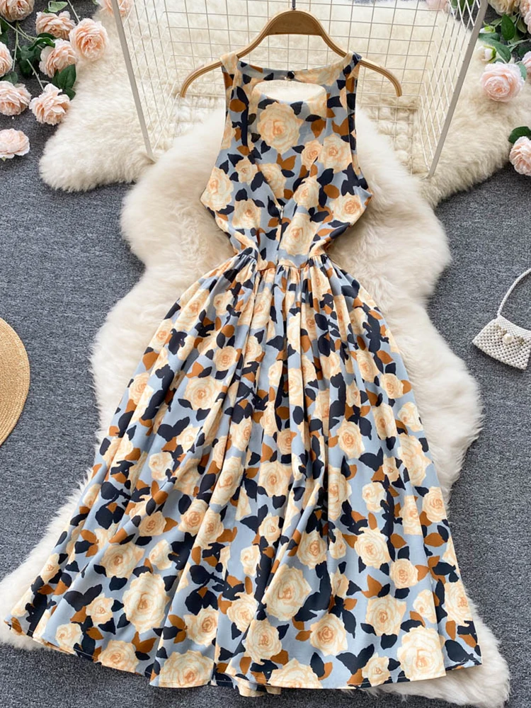 

FMFSSOM Summer New Women Hollow Out Backless Slim Fit Medium Long Sleeveless Dress Fashion Casual O-Neck High Waist Slim Dresses