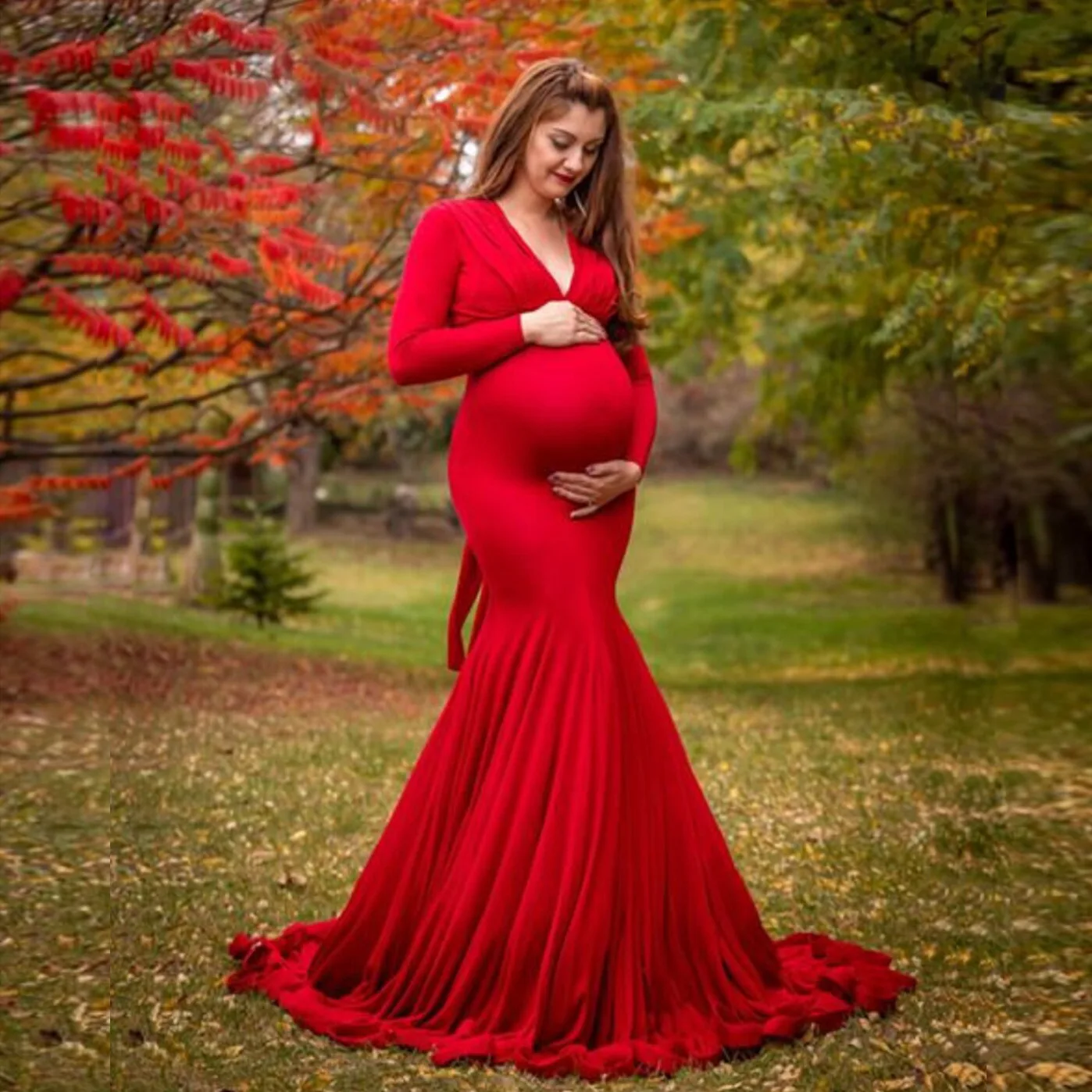Maternity Dresses for Photo Shoot  for Baby Shower Pregnancy Red Mercerized Cotton Long Sleeve V-neck Skirt Grossesse Vestidos enlarge