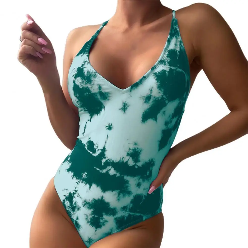 

Sexy Women One-piece Bodysuit Tie Dye Print V-neck Padded Monokini Cross Bandage Backless Ruched Female Brazilian 2022