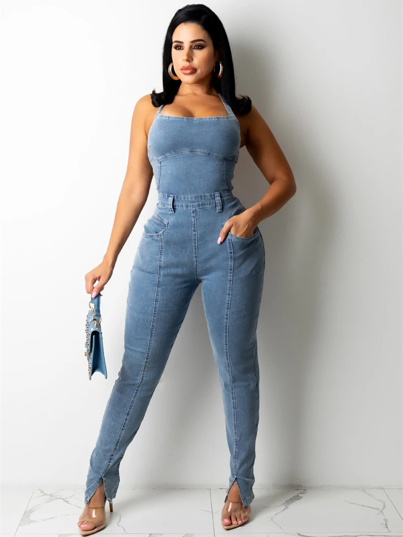 

Streetwear Jeans Jumpsuits Women Summer Clothes Lace Up Backless Bodycon Denim Long Rompers Playsuits One Piece Overalls Outfits
