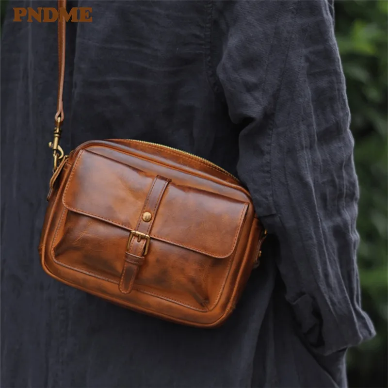 PNDME fashion luxury genuine leather men's women's messenger bag designer vintage outdoor daily work real cowhide shoulder bag