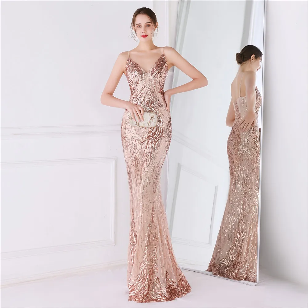 

Gold Sequin Evening Dresses Spaghetti Straps Luxury Party Dress Mermaid Special Occasion Dresses Gowns Night Women's Long Formal