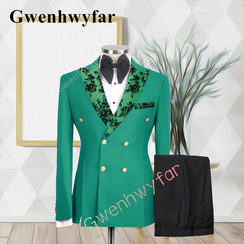 Gwenhwyfar New Lake Green Groom Double Breasted Jacquard Collar Wedding Suit Casual Tuxedo Fashion 2 Piece Set