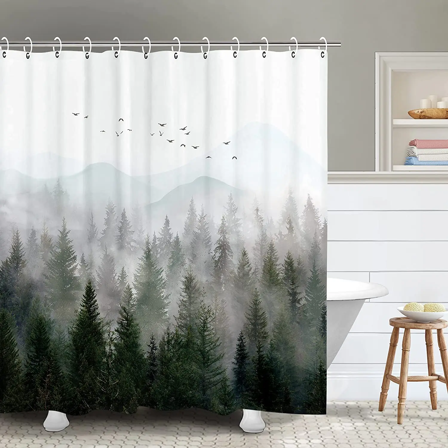 

Mountain Shower Curtain Misty Forest Tree Foggy Bathroom with Hooks Nature Scenery Landscape Bathtub Decor Curtains Waterproof