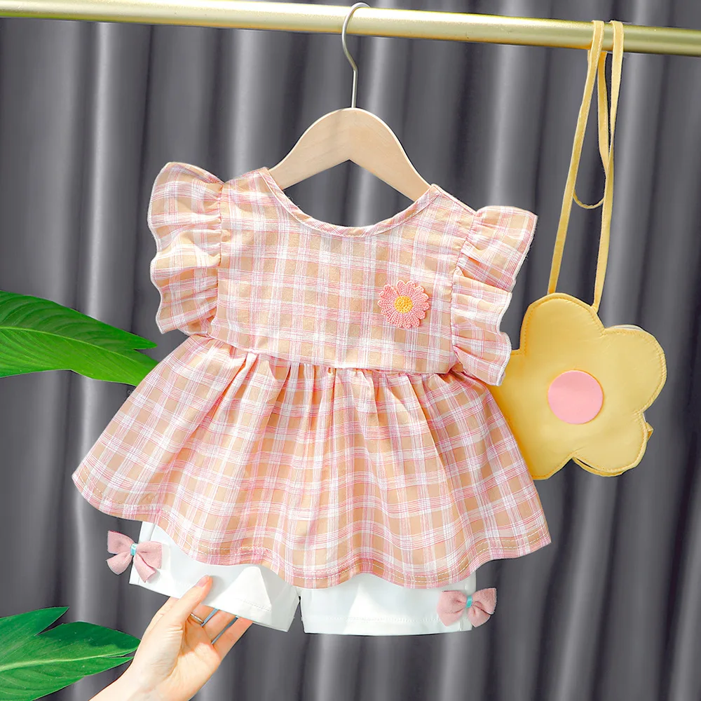 

New Summer Baby Girl Clothes Set Fashion Plaid T-Shirt Top + Shorts Bow Toddler Infant Clothes 2Pcs Suit