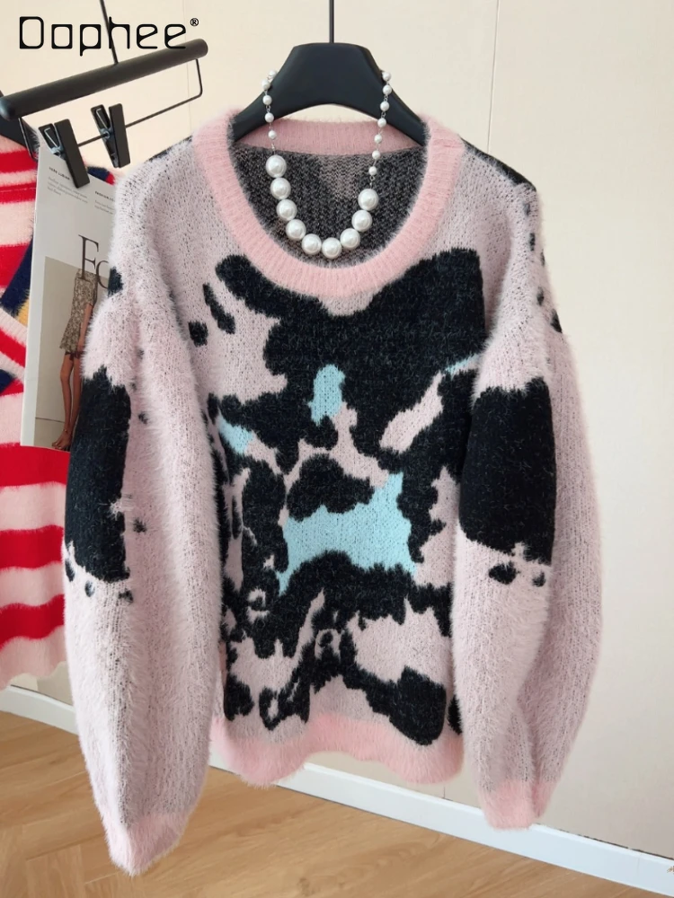 

Пуловер женский вязаный из искусственной норки с круглым вырезом и длинными рукавами