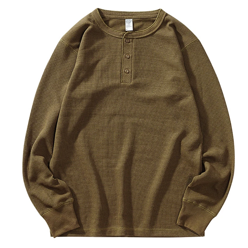 

Olive Green Waffle Henley T-Shirts for Men New Long Sleeve Solid Color Button Down Pullovers Fashion Casual Breathable Tee Shirt