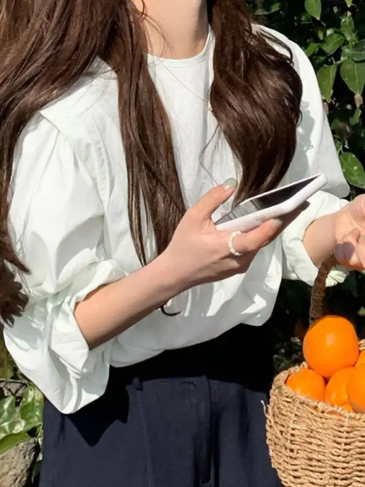 

VONDA 2022 Women Shirts Vintage Pleated Solid Color Ruffled Blouse Blusas Femininas Casual Round Neck Puff Sleeve Casual Tops