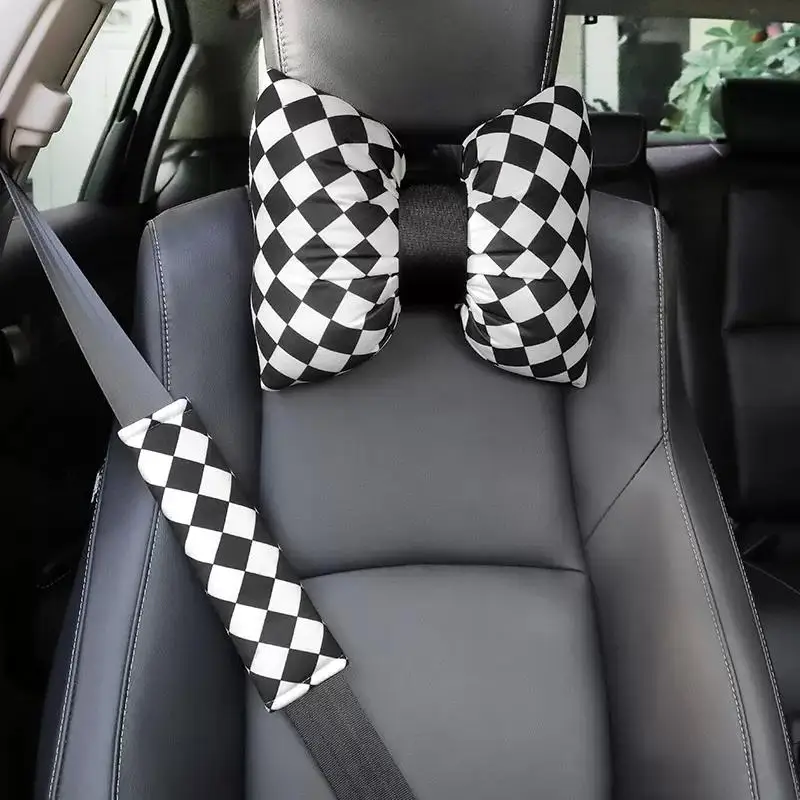 

White and Black Checker Car Seat Set Pillow Shoulder Belt Pad Headrest Neck Pillow Plush Seat Cushion Tissue Box Car Interior