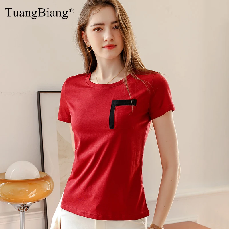 TuangBiang Summer 2022 Pockets Patchwork O-Neck Short Sleeve Cotton T-Shirts Female Clothing Burgundy Classic British Style Tops