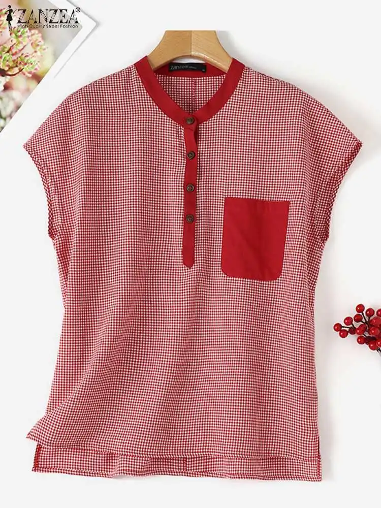 Модная женская блузка с коротким рукавом в стиле пэчворк 2024 ZANZEA летняя Клетчатая