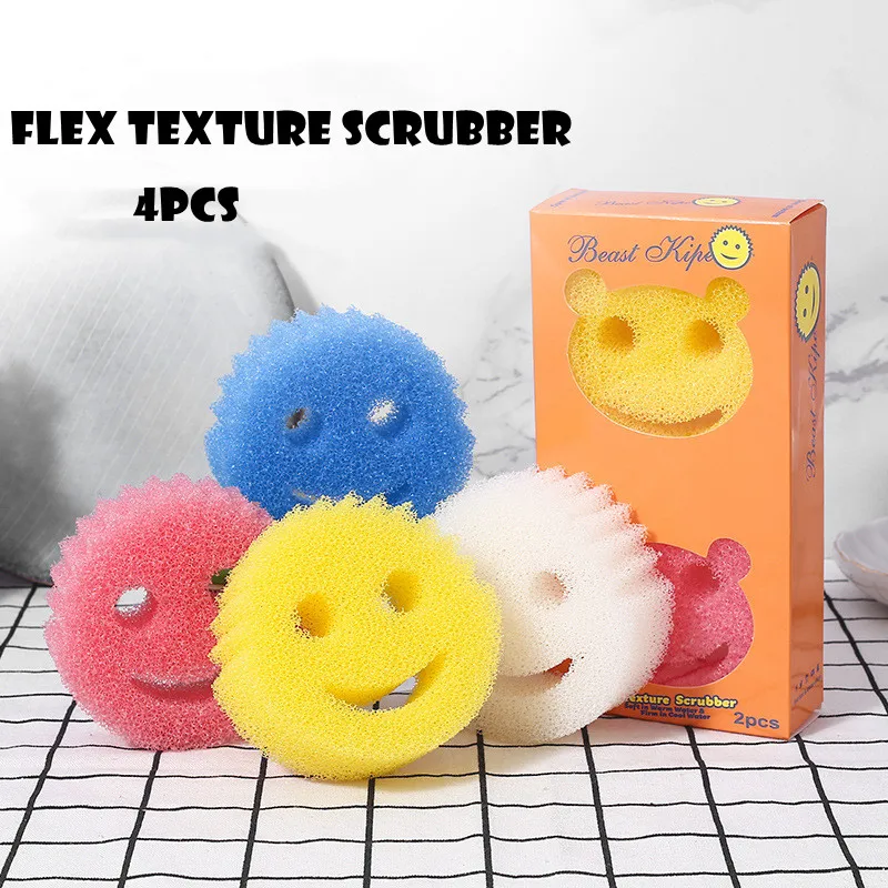 

4pcs Smiley Magic Cleaner Smiley Imitation Loofah Sponge Wipe Honeycomb Sponge Household Kitchen Cleaning Dishwashing Cotton
