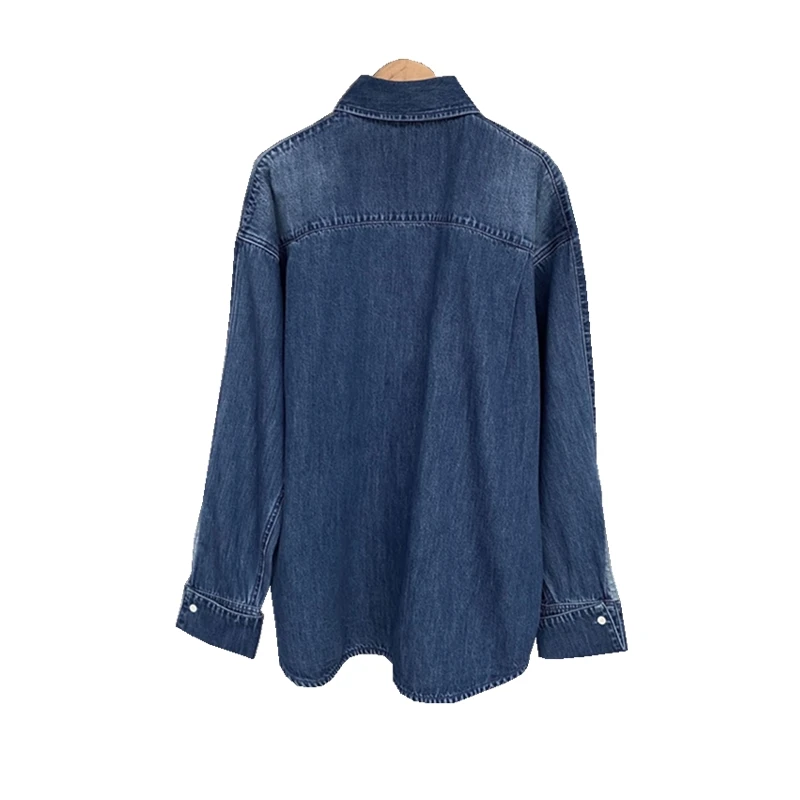 Женская джинсовая рубашка свободного кроя 100% хлопок воротник-поло вышивка на