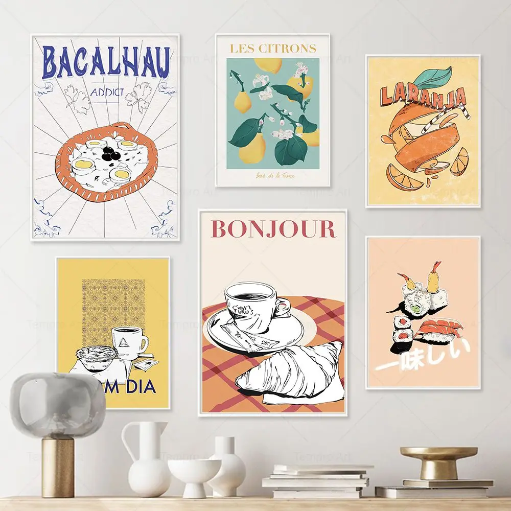 

French Croissant Japan Sushi BOM DIA Portugal Coffee Moroccan Mint Tea Prints Vintage Food Wall Art Posters Kitchen Home Decor