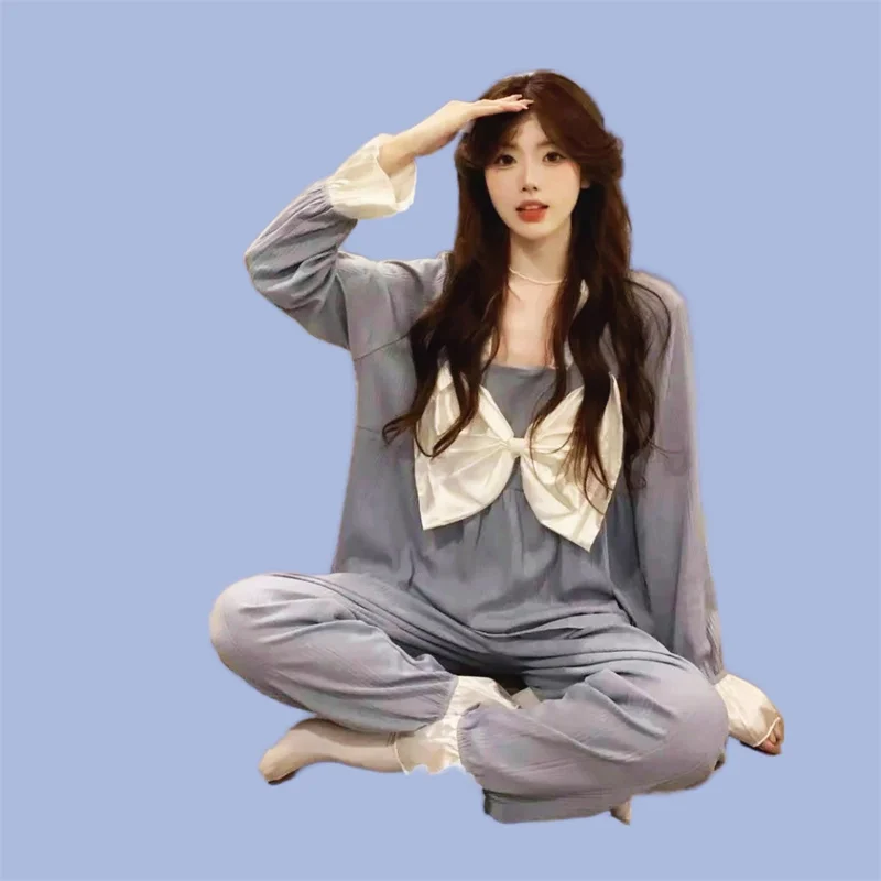 Sexy Bow Pajamas Set Full Sleeve T-shirt Long Pants 2Piece/Set Soft Princess Pyjama Big Size Homewear Cozy Fashion Sleepwear