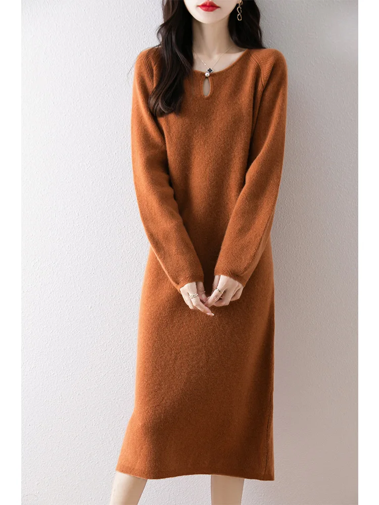 Женское платье из чистой шерсти с v-образным вырезом 00 осенне-зимнее