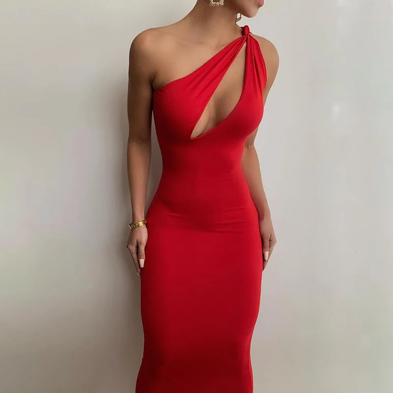 

Hollow Sexy Party Dress Women Solid One Shoulder Maxi Stretchy Skinny Bodycon Sleeveless Party Clothing