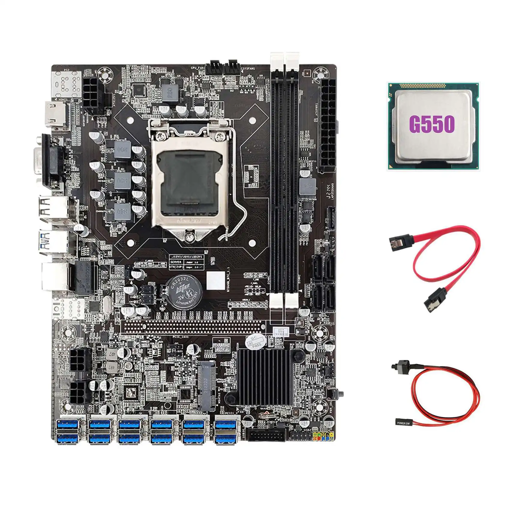 B75 ETH Mining Motherboard 12 PCIE to USB+G550 CPU+SATA Cable+Switch Cable LGA1155 DDR3 MSATA B75 USB Miner Motherboard