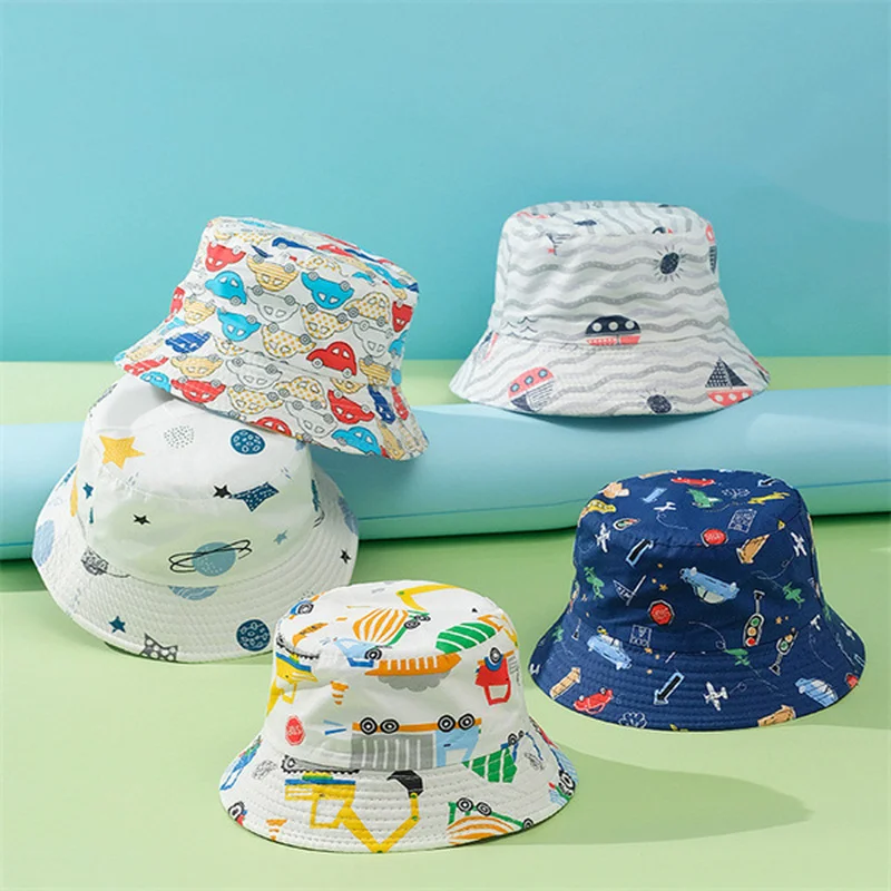 

2022 new Kids' spring autumn Bucket Hat Cotton printing Rocket Dinosaur Flower Animal Fruit Car hats for 2-4Y boys girls
