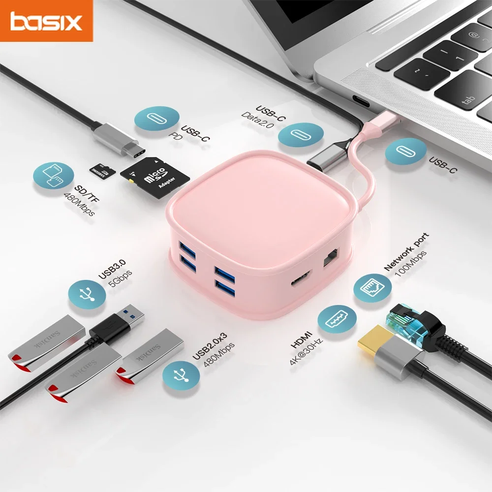 Basix USB c концентратор типа 10 в 1 Type-C к PD 100 Вт USB3.0 USB2.0*3 HD-MI SD TF RJ45 100M USB-C2.0 для macbook pro air M1