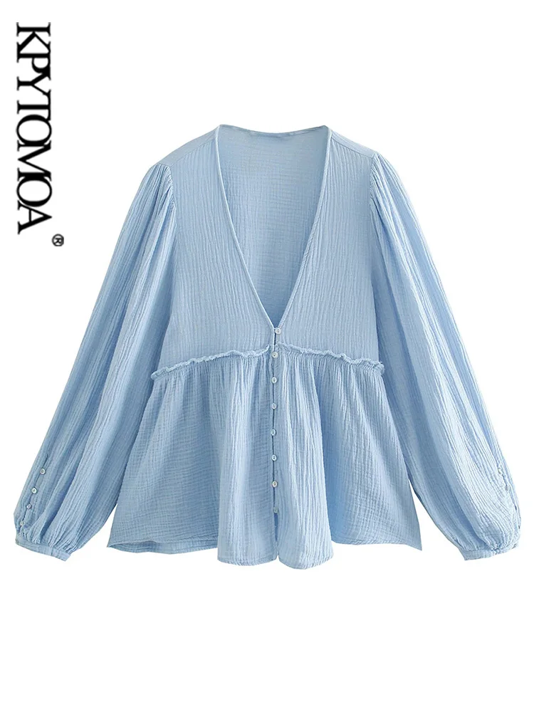 

KPYTOMOA женские модные блузки с пуговицами спереди с оборками винтажные женские рубашки с V-образным вырезом и длинным рукавом Блузы шикарные ...