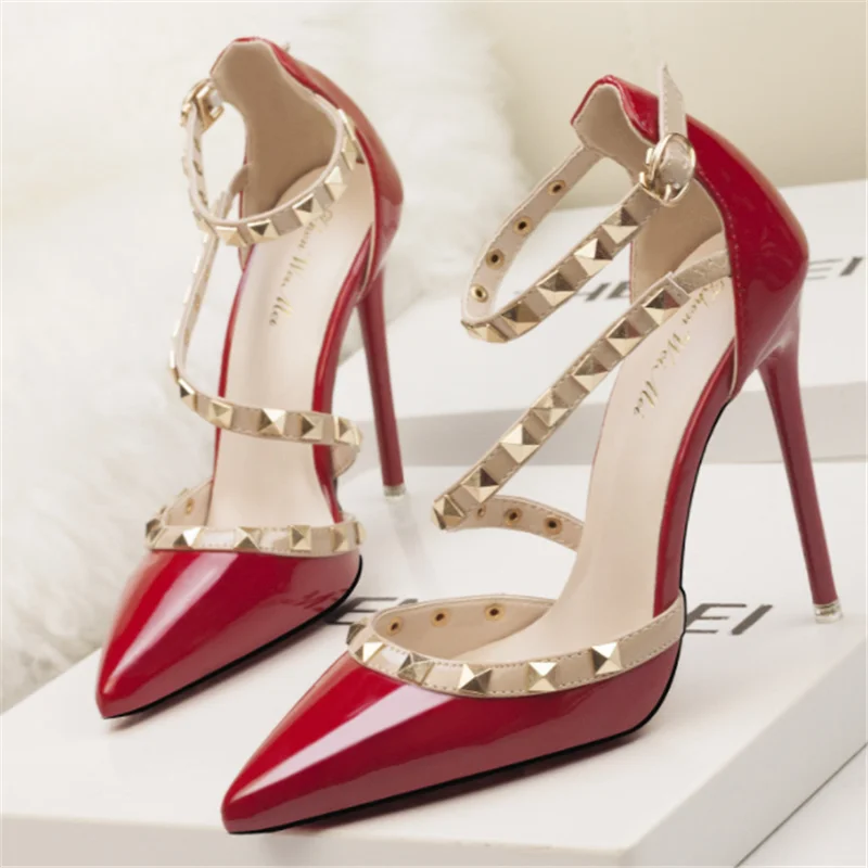 

10cm women's high heels simple sexy nightclub heel shallow mouth pointed rivet hollowed-out strappy sandals with women shoes