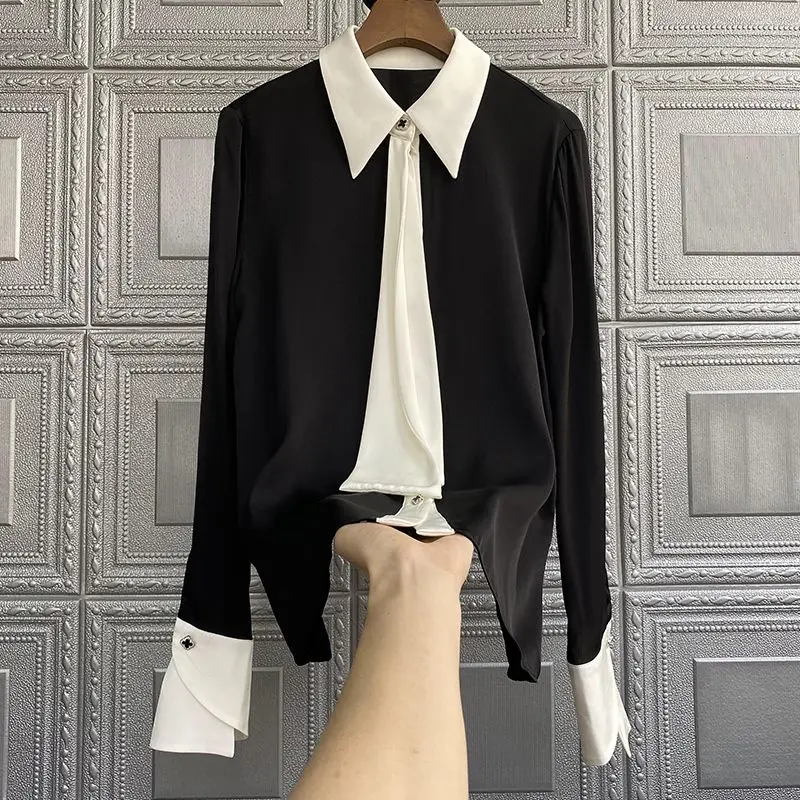 

Simple Long Sleeve Heavy Silk Shirt Women 2023 Spring Autumn New Black Color Matching Satin Office Ladies Blouses Womens Tops