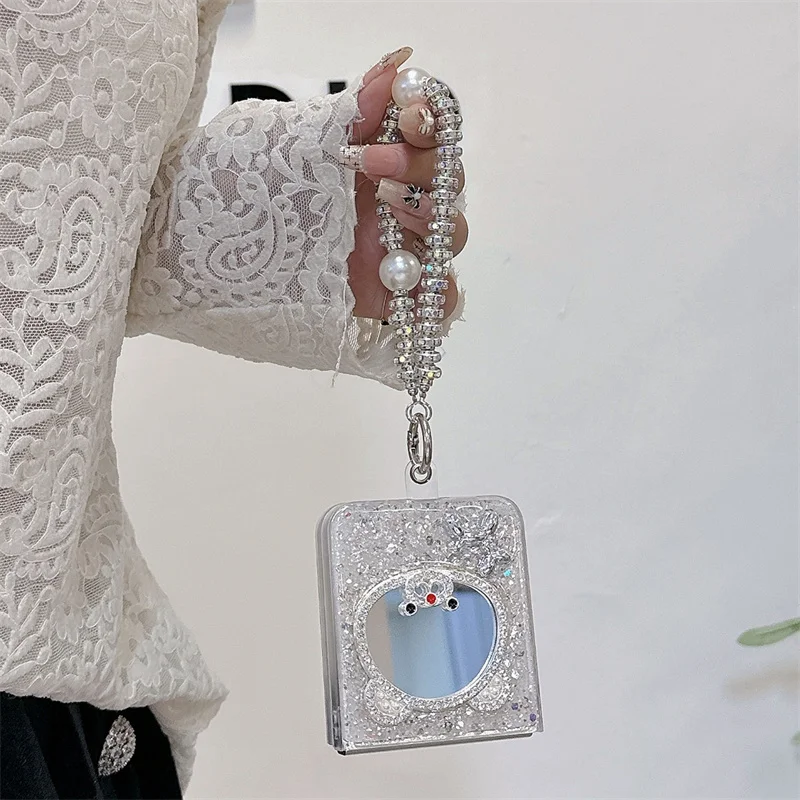 Милый чехол для телефона с зеркальным медведем Samsung Z Flip 6 5 4 3 цепочкой корейские