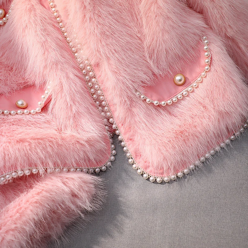 Winter Clothes Women Young Pearls Fur Fluffy Jacket 2022 New Classic Style Women's Fashion Heavy Pink Beads Furry Short Coat