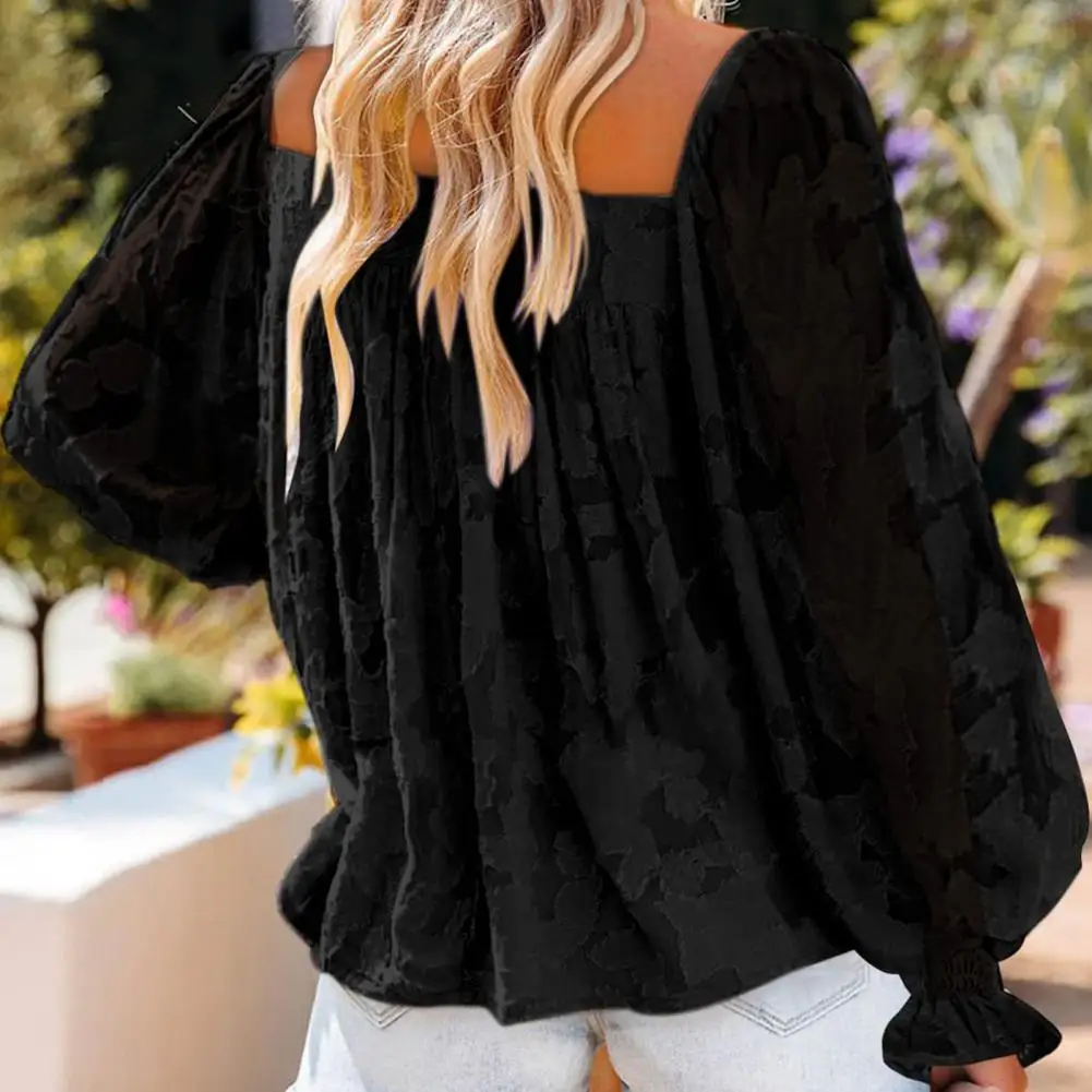 

Lady Blouse Chic Square Collar Low-cut Pleated Flared Cuff Women Tops for Daily Wear