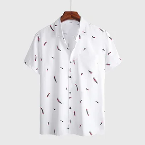 Harajuku Feather Print Short Sleeve Hawaiian Shirt Men's Casual White Street Style Summer Beach Shir in Pakistan