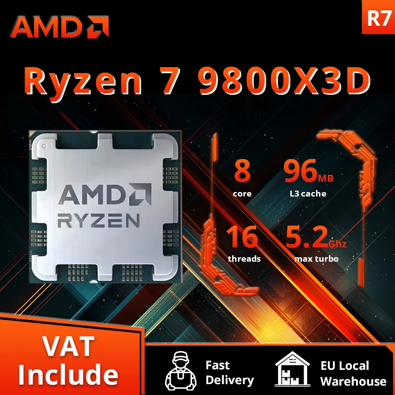 AMD Ryzen 7 9800X3D New Processor , 3D V-Cache 8C/16T 120W up to 5.2 GHz, L3=96M 100-100001084 Socket AM5 but without cooler