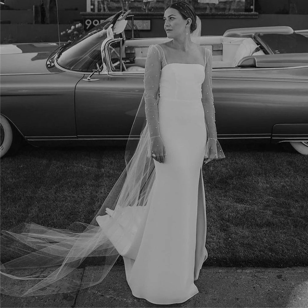 

Ramanda современное свадебное платье с квадратными рукавами с высоким разрезом Иллюзия Русалка для женщин богемный с открытой спиной Свадебные Юбки со шлейфом