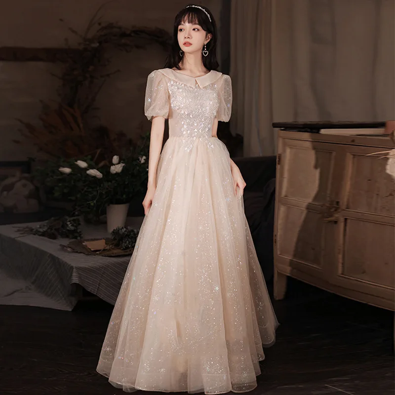 

Champagne Evening Party Cheongsam Puff Sleeves Bride Wedding Qipao Lady Bling Sequins Dresses Gown Pleated Vestidos De Festa