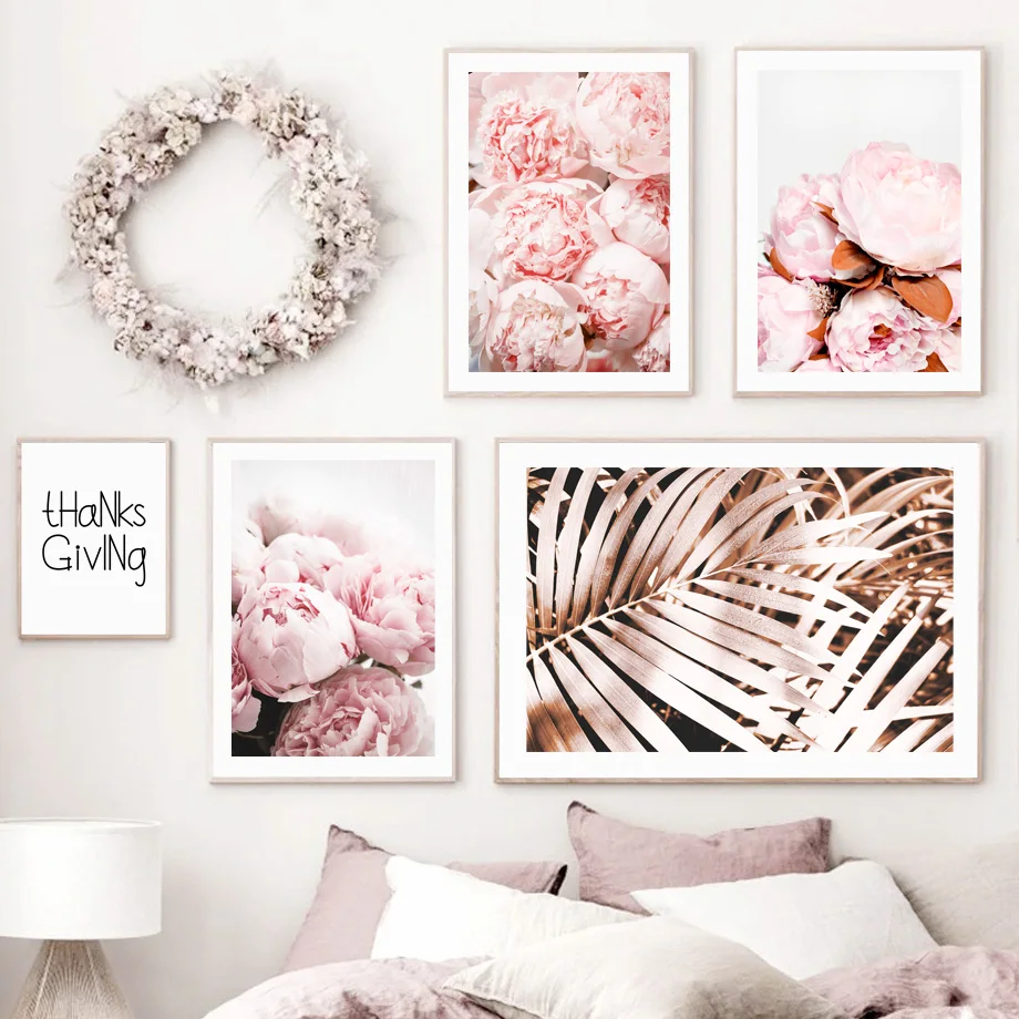 

Natural Pink Peony Flower Palm Leaves Wall Art Canvas Painting Nordic Posters And Prints Wall Picture For Living Room Home Decor