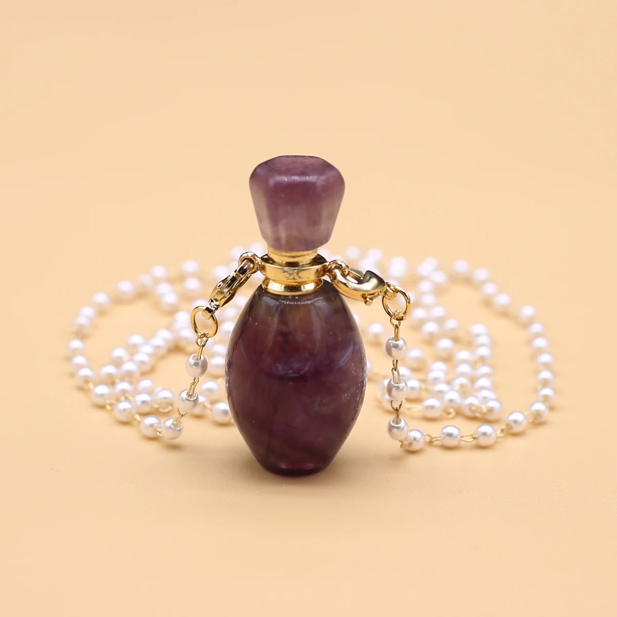 

Natural Stone Fluorite Perfume Bottle Pendant Necklace Charms Pearl Chain Necklaces for Women Jewelry Handmade Crafts 18x35x12mm