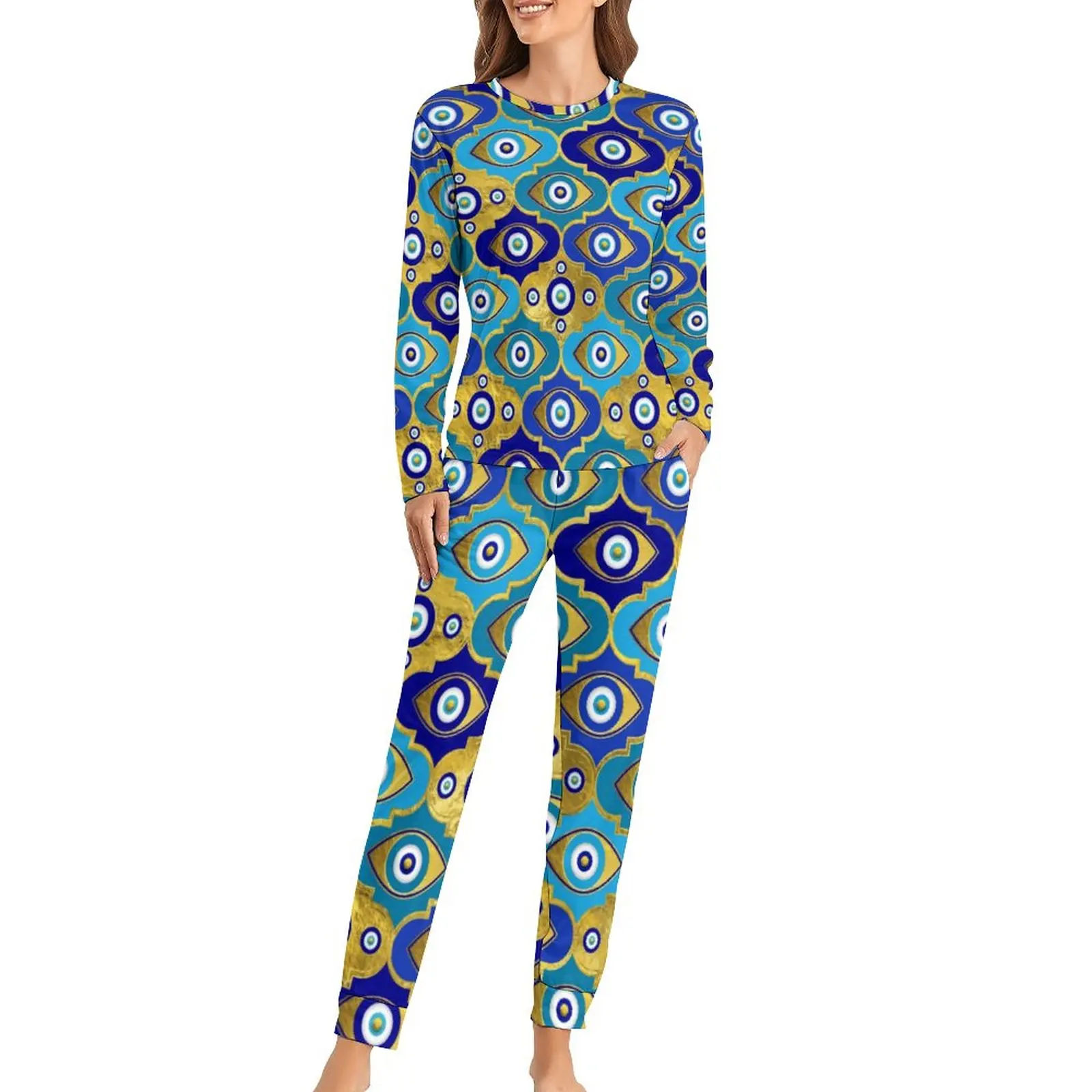 

Blue Evil Eye Print Pajamas Nazar Charm 2 Piece Night Pajama Set Women Long-Sleeve Retro Oversized Nightwear