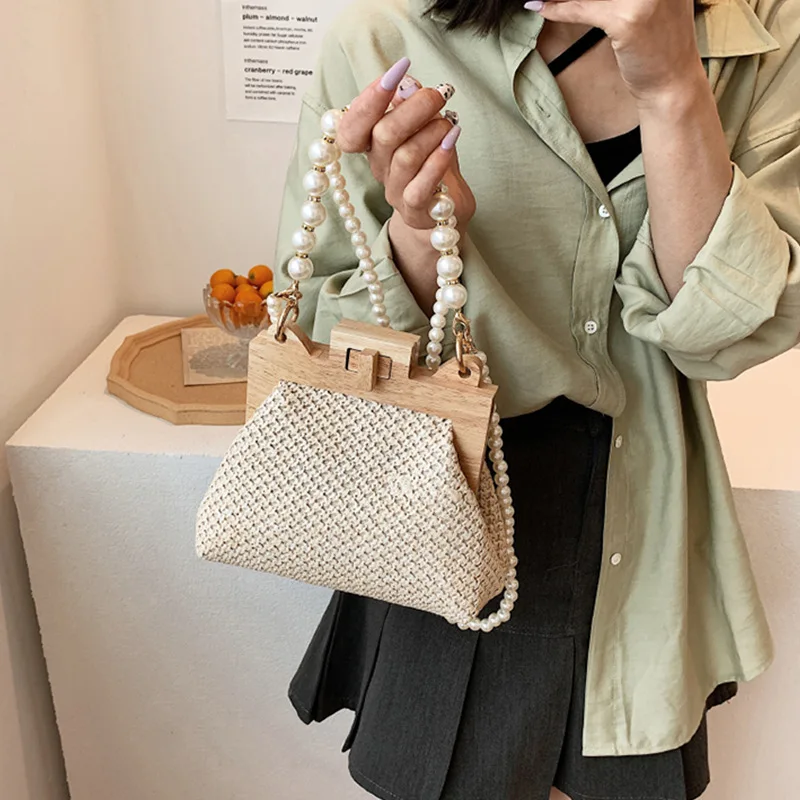 

Fashion Women Straw Shoulder Bag for Women 2023 Summer Wooden Top Handle Clip Bag Luxury Designer Handbags Trend Female Handbag