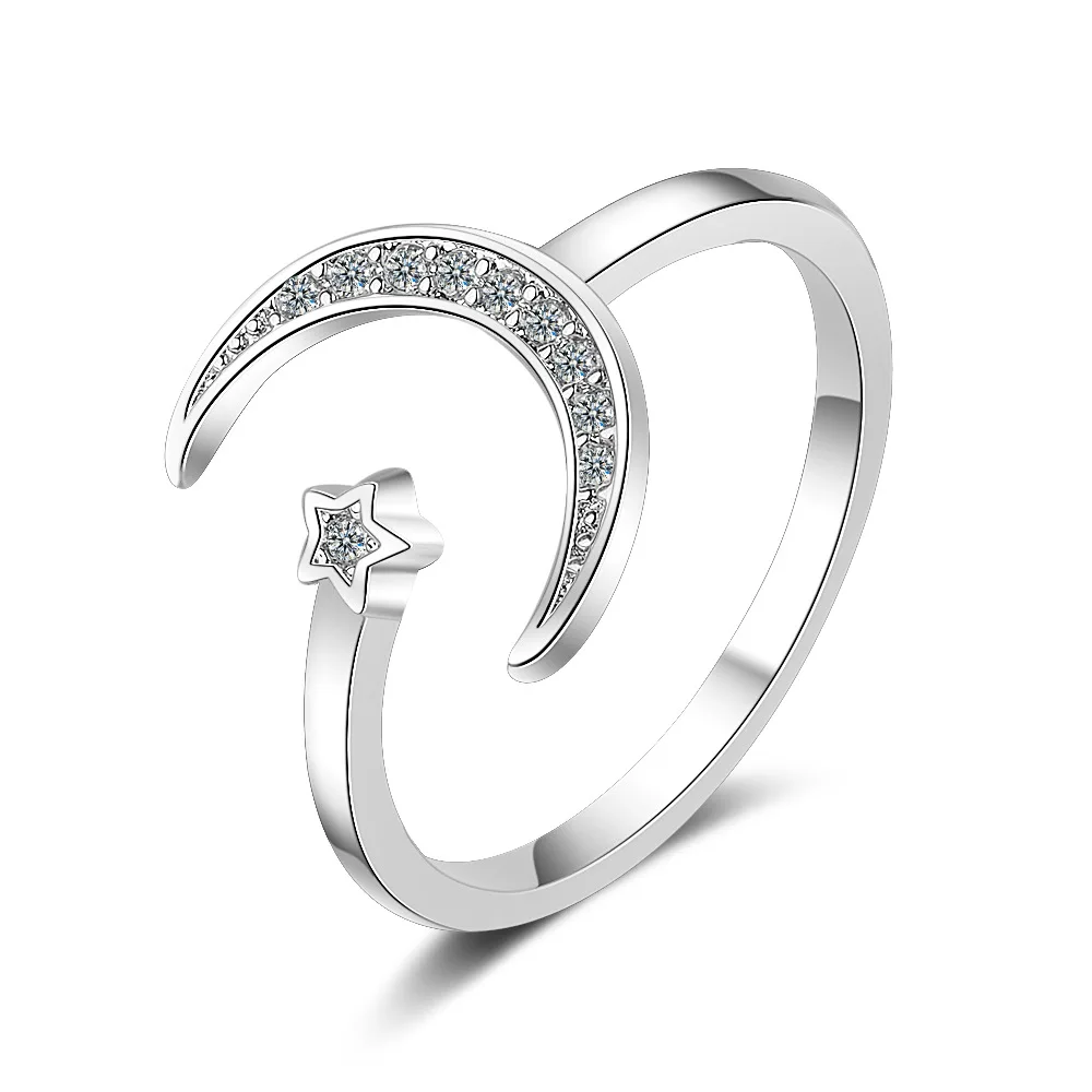 

925 Sterling Silver Moon & Star-Shape Rings Open Size Adjustable Female Trendy Simple Student Personality Jewelry