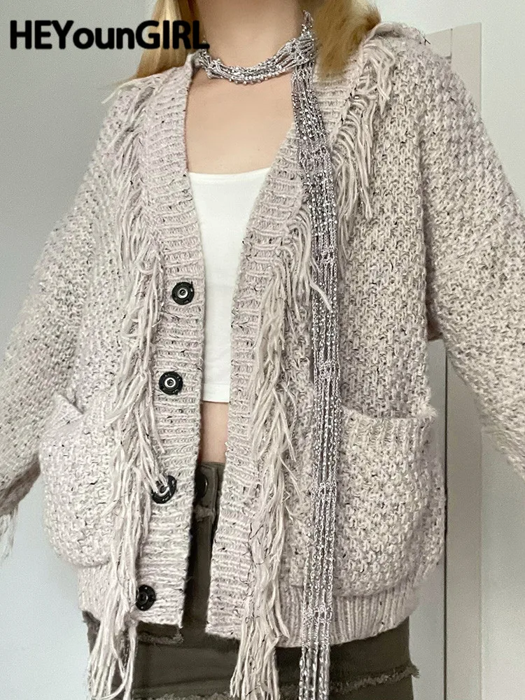 

Женский трикотажный кардиган HEYounGIRL, Повседневный свитер с большими карманами и кисточками, вязаный кардиган в стиле ретро на пуговицах, вин...