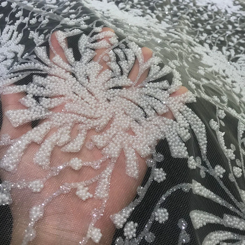 

2022 Latest Swirl Flower Design Luxury Glued Beads White Glitter Net Lace Fabric Bridal Wedding Dress Tulle Mesh Sewing Material