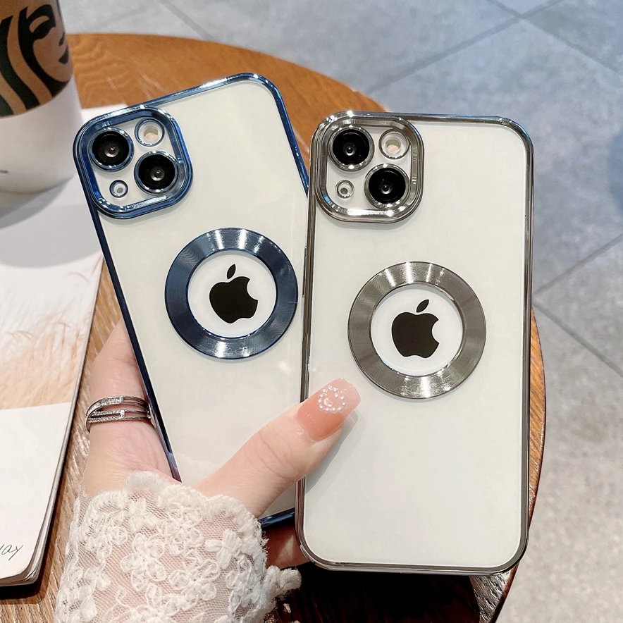 

Luxury Square Plating Clear Case For iPhone 13 12 11 Pro Max LOGO Hole Hollow Soft Silicone Cover With Glass Camera Protection