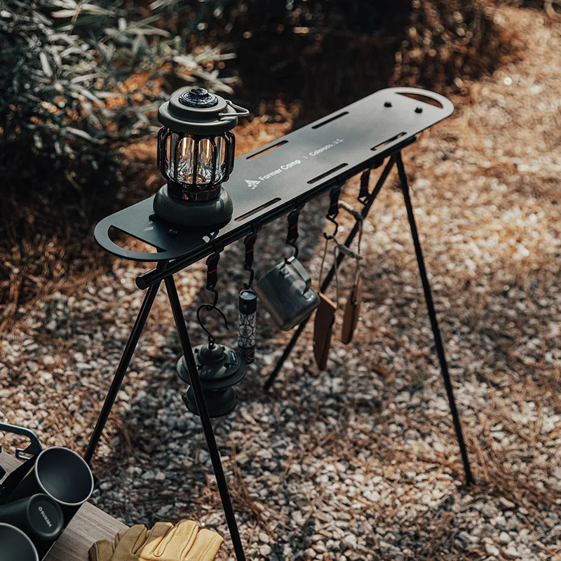 Estante de almacenamiento de mesa ligero para acampar al aire libre, estante de monopatín con perchas, placa superior de aluminio, equipo de pesca Glamping