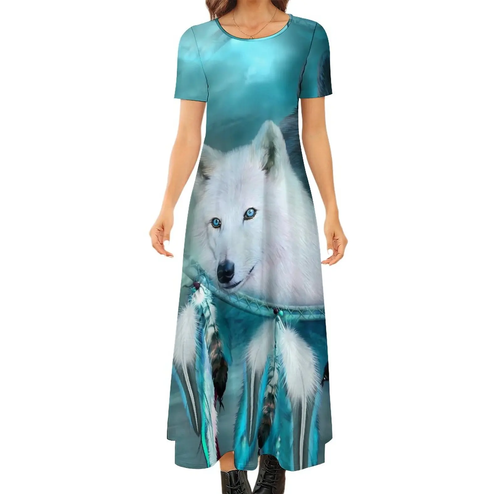 

Женское длинное платье с коротким рукавом, белое платье большого размера с принтом волка