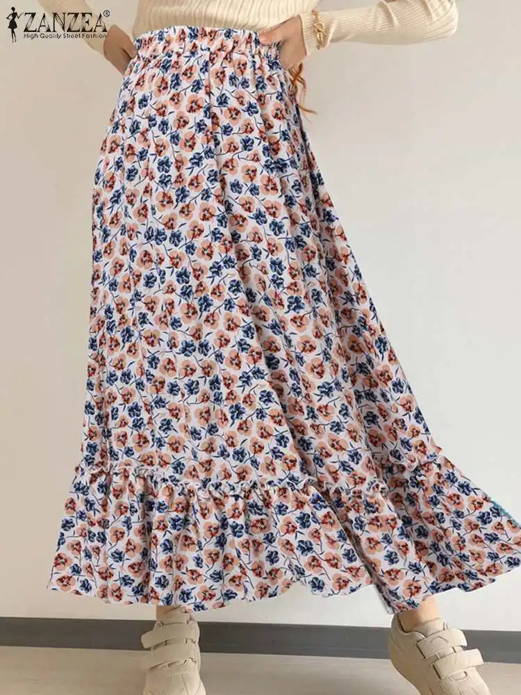 

ZANZEA Fashion Women Floral Print Maxi Skirt Elastic High Waist Ruffled Hem Long Jupes Holiday Casual Versatile Faldas Mujer